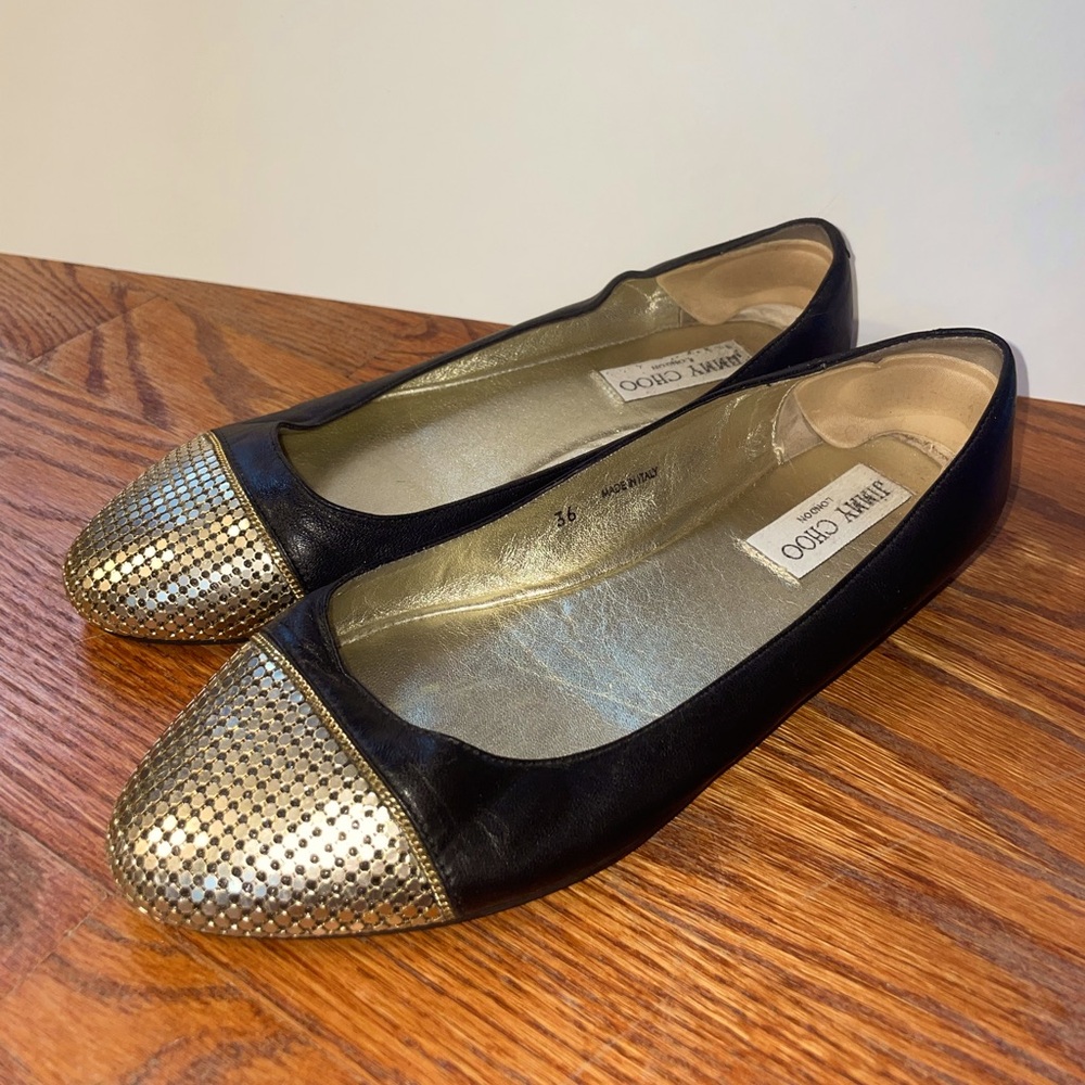 Jimmy Choo Waine Gold Chain Cap Toe Ballet Black Leather Flats